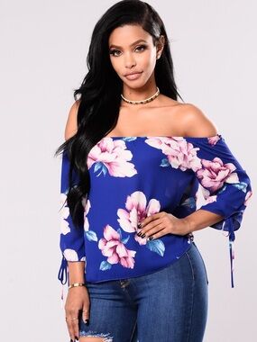 Fashion Nova Royal Blue Off-Shoulder Floral Blouse with Pink Blooms